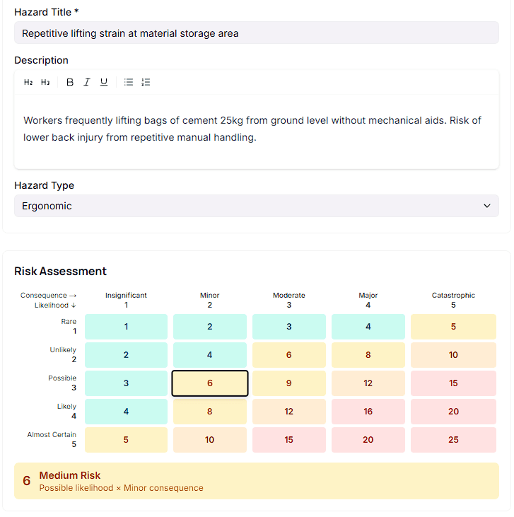 Hazard register with 5×5 risk matrix