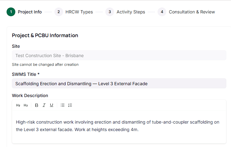 SWMS Step 1 — Project Info