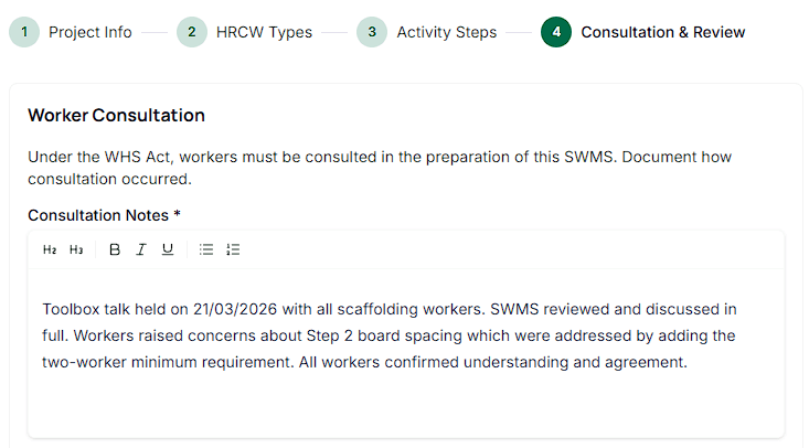 SWMS Step 3 — Consultation